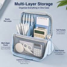 1pc Solid Color Vertical Pencil Holder With Magnetic Closure And Handle, Large Capacity Layered Stationery Storage Box With Slanted Pen Slots, Suitable For School, Office And Travel - Multi Colors - View 3