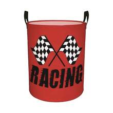 Red Race Car Checkered Flag Print Laundry Basket, Foldable Round Storage Bin With Handle, Black And White Racing Flag Pattern For Dirty Clothes Or Toy Storage, Suitable For Decorating A Boy's Room - Red - View 8