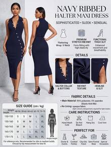 Solid Color Ribbed High Slit To Thigh Front Button Dress, Women's Navy Blue V-Neck Slim Fit Versatile Office, Party, Commute Outfit Elegant Summer - Navy Blue - View 4