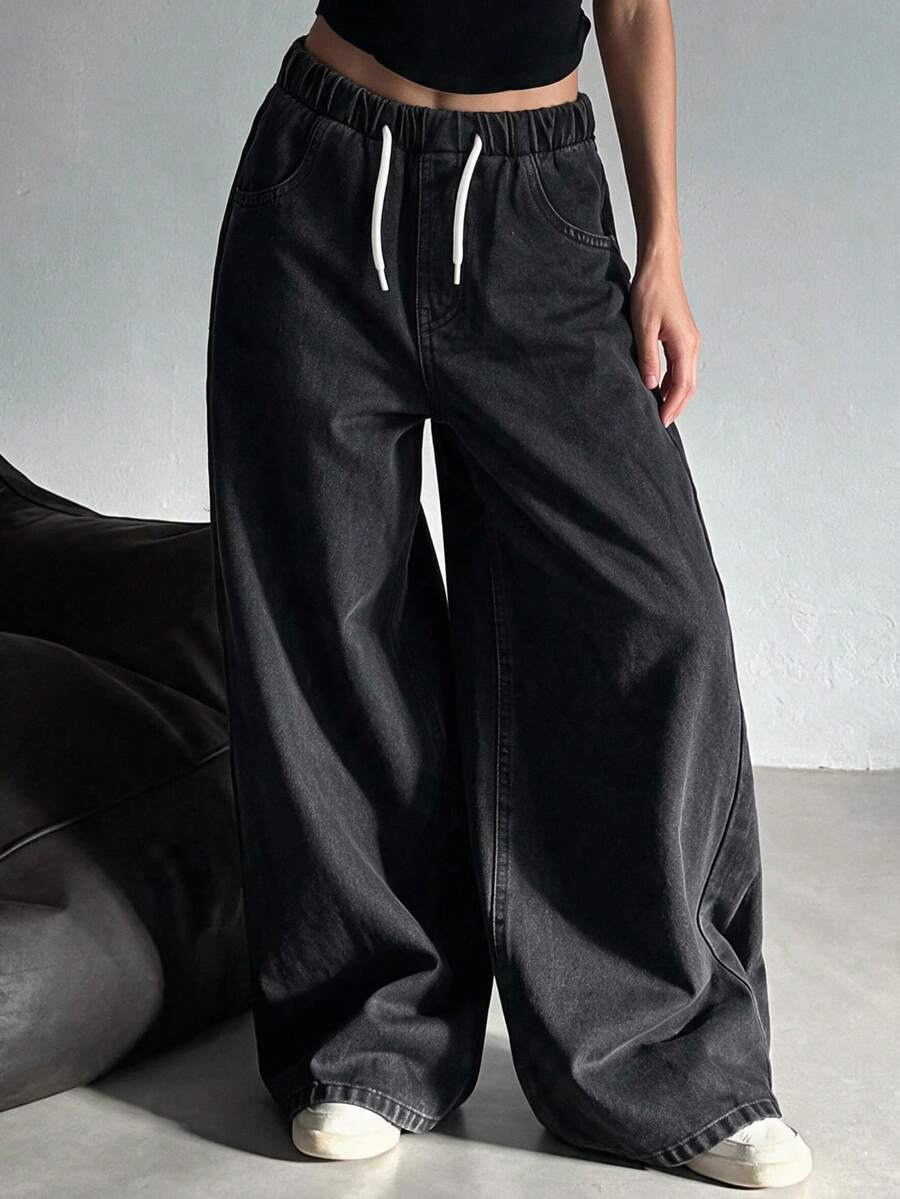 Tween Girls Black Washed Denim Loose Long Pants With Elastic Waist And Drawstring Design, Fashion Casual Y2K Retro Cool Street Style, Back To School College Style, Simple Basic Comfortable Nostalgic Blue Loose Jeans, Soft Daily Wear