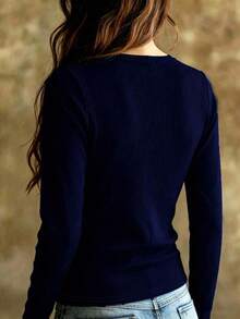 Women's Autumn/Winter Sexy Style Mesh Patchwork V-Neck Ribbed Long Sleeve Top, Slim Fit Flattering Elastic Knit T-Shirt, Versatile For Daily Wear And Dating, Plus Size Friendly (Size Runs Small, Recommend Sizing Up For Fuller Figures), Solid Color - Royal Blue - View 3
