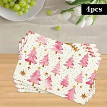 1/4/6pcs Christmas Series Pink Watercolor Christmas Tree Pattern Printed Placemats, Heat-Resistant Table Mat For Home Kitchen/Table Protection, Kitchen Dining Table Party Scene Decoration - Multicolor - View 16