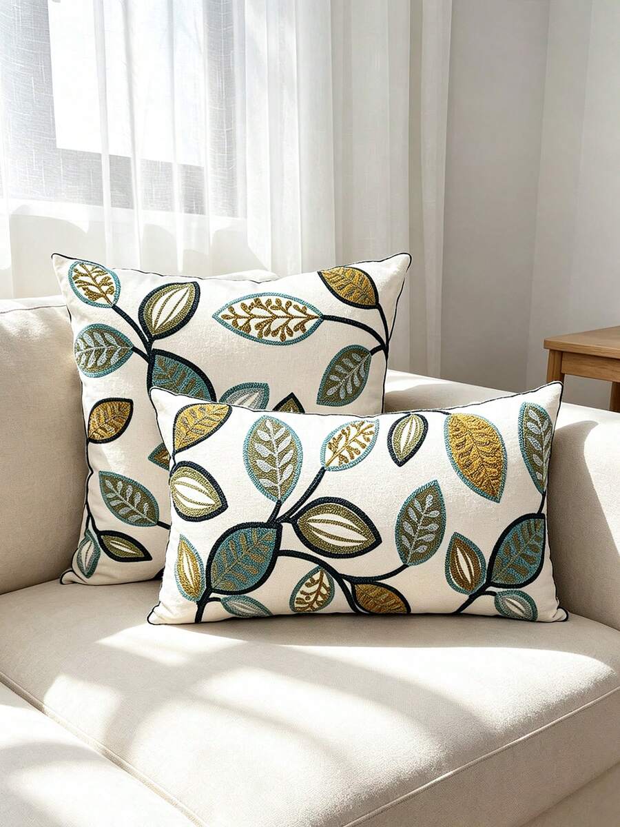 1pc Leaf Embroidery Cushion Cover Without Filler, Modern Canvas Decorative Throw Pillow Cover For Home - Multicolor - View 1