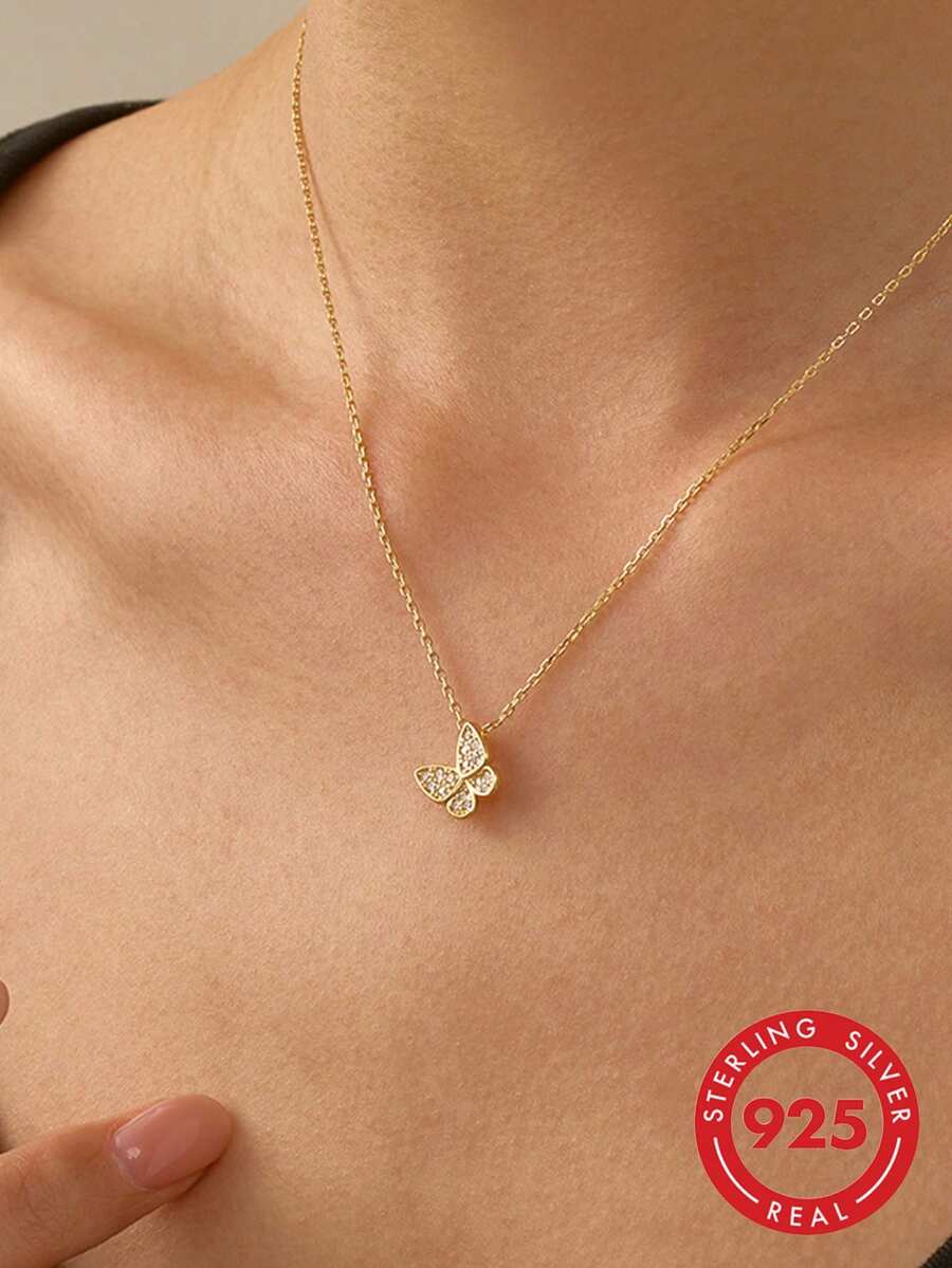 1pc Exquisite Women's Jewelry 925 Sterling Silver Full Rhinestone Butterfly Necklace New INS Niche Clavicle Chain High-End Luxury Pendant Accessory Suitable For Daily Wear - #1 - View 1