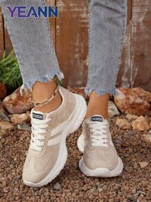 Khaki Striped Faux Suede Chunky Chunky Sneakers For Women - Khaki - View 4