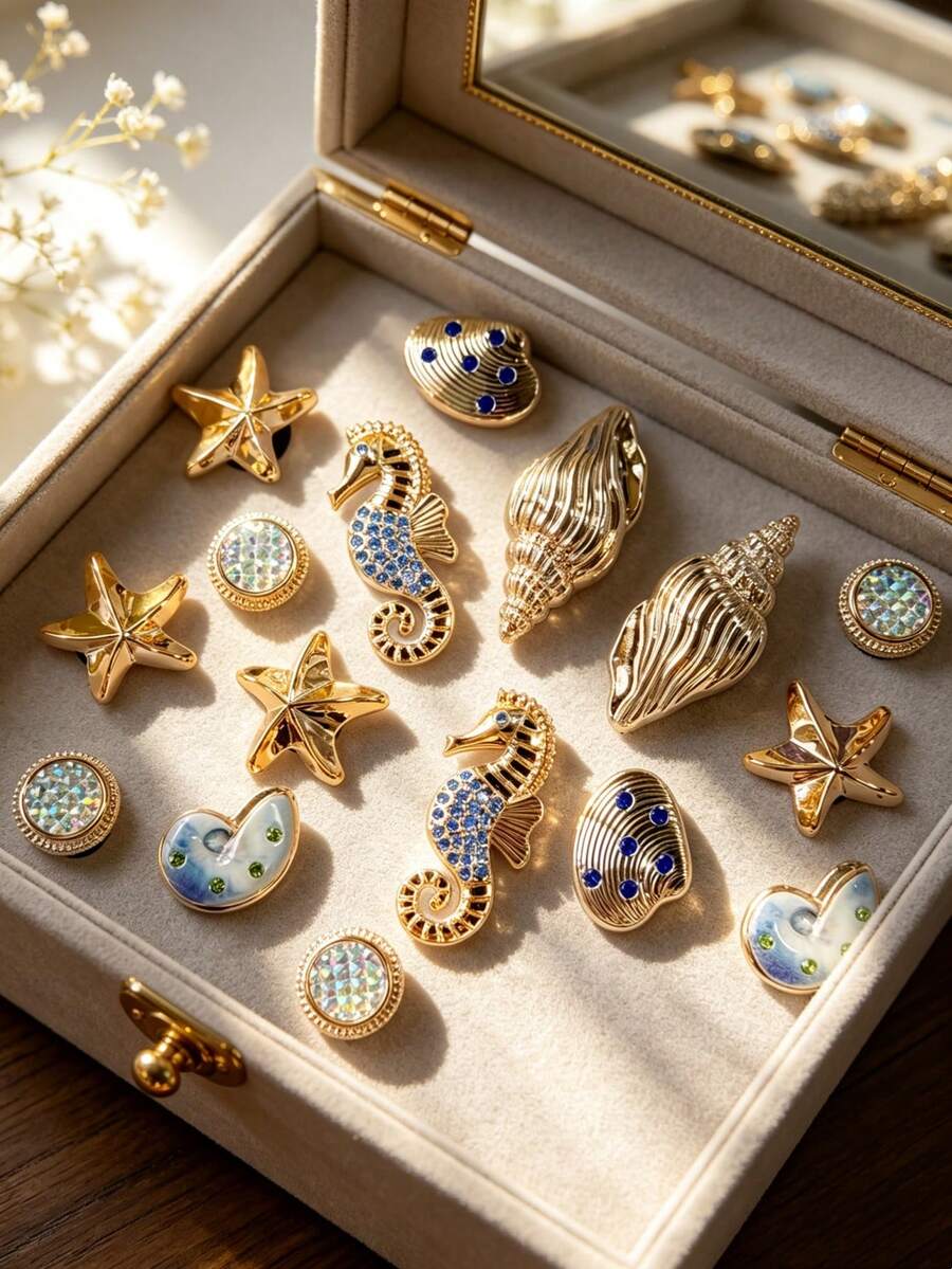 16pcs Gold-Plated Ocean Style Shoe Charms, Dolphin Starfish Shell Conch Heart Detachable DIY Accessories, Suitable For Sandals Slippers Beach Bags, Holiday Gifts