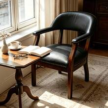 QIAN&S Vintage Solid Wood Upholstered Dining Armchair With Handcrafted Brass Rivets, Cushion Built-In Anti-Sagging Spring, For Dining Room, Living Room, Study, Office Reception & Guest Room - Black - View 4