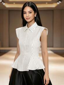 1pc Striped Ruffle Waist-Cinching Blouse For Women, Holiday Office Daily Wear - White - View 4