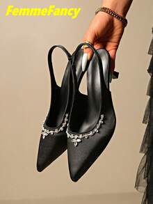 Women's All-Season Solid Color Fashion Sexy Party Pointed Toe Stiletto High Heel Sandals With Satin Fabric And Rhinestone Decor Back Strap Black High Heels - Black - View 2