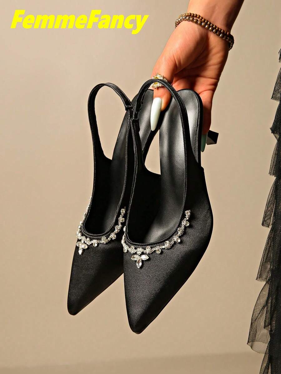 Women's All-Season Solid Color Fashion Sexy Party Pointed Toe Stiletto High Heel Sandals With Satin Fabric And Rhinestone Decor Back Strap Black High Heels