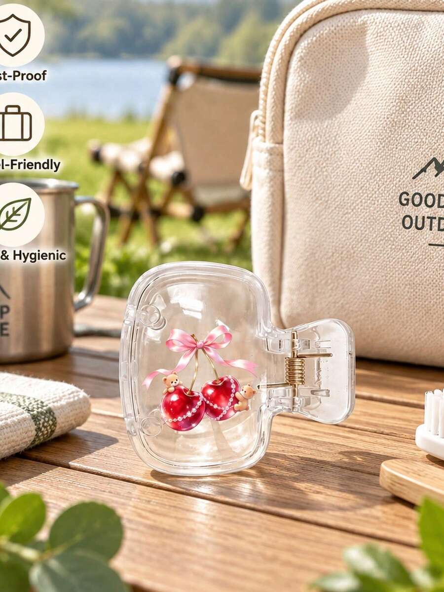 Toothbrush Case With Crystal Effect Bow Cherry And Cute Teddy Bear Design (Two-Dimensional Flat Pattern). Suitable For Travel, Dorm, Hotel, Bathroom, Home Decor, Birthday Gift - Multicolor - View 1