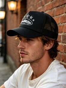 1pc Five-Point Star Embroidered Baseball Cap, Outdoor Sponge Mesh Baseball Cap, Summer Breathable Mesh Trucker Hat For Men And Women - Five Stars - View 4