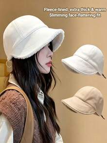 1pc Solid Color Plush Minimalist Wide Brim Casual New Winter Women's Fisherman Bucket Hat, Flattering For Large And Round Faces, Adjustable Head Circumference, Warm And Windproof, Versatile For Daily Shopping And Outings - Multicolor - View 1