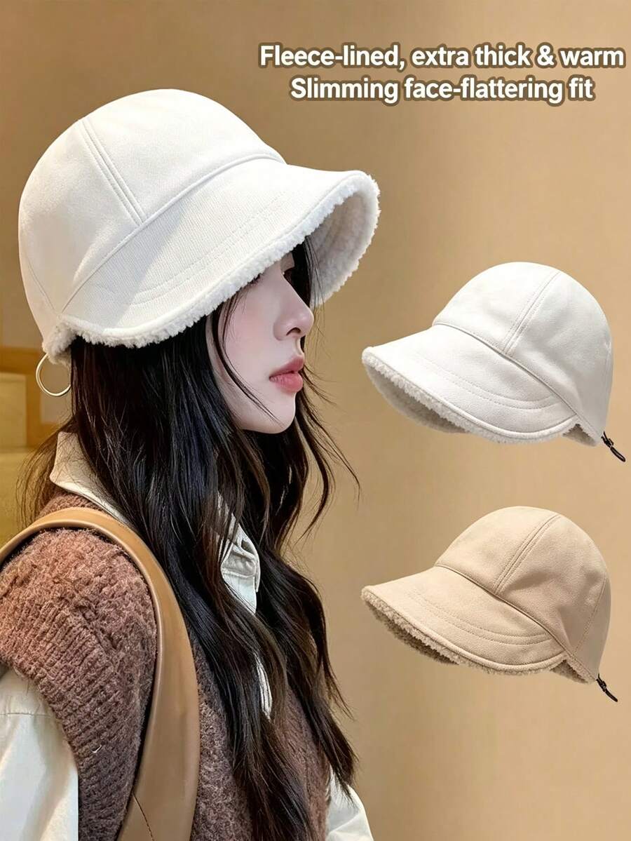 1pc Solid Color Plush Minimalist Wide Brim Casual New Winter Women's Fisherman Bucket Hat, Flattering For Large And Round Faces, Adjustable Head Circumference, Warm And Windproof, Versatile For Daily Shopping And Outings - Multicolor - View 1