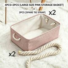1pc/2pcs Mixed Set (A Pink Storage Basket Is Main Product, B Spare Strap Is Accessory) Pink Foldable Desktop Storage Basket, Large Capacity Linen Handle Basket, Suitable For Bookshelf Storage, Closet Organization, Toys, Sundries, Stationery, Home Decor. - Pink - View 10