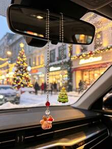 Christmas Cute Santa Claus Snowman Car Rearview Mirror Hanging Ornament, Beaded Chain Christmas Car Decor, Holiday Atmosphere Interior Decoration For Women - Christmas - View 6