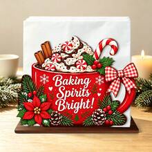 1pc Christmas Wooden Table Napkin Holder, Red Hot Chocolate Cup Design Tissue Rack, Baking Spirits Bright Candy Cane Pinecone , Christmas Tabletop Paper Napkin Organizer, Cute Holiday Ornament & Gift For Family Gathering - Napkin Holder - View 1