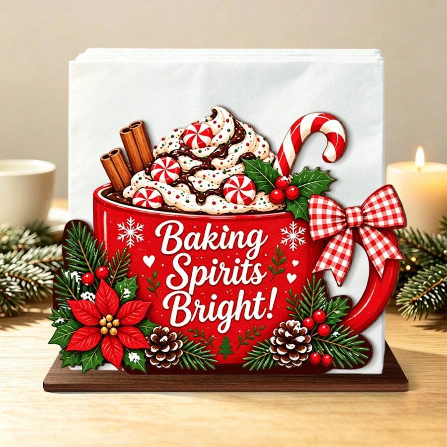 1pc Christmas Wooden Table Napkin Holder, Red Hot Chocolate Cup Design Tissue Rack, Baking Spirits Bright Candy Cane Pinecone , Christmas Tabletop Paper Napkin Organizer, Cute Holiday Ornament & Gift For Family Gathering - Napkin Holder - View 1