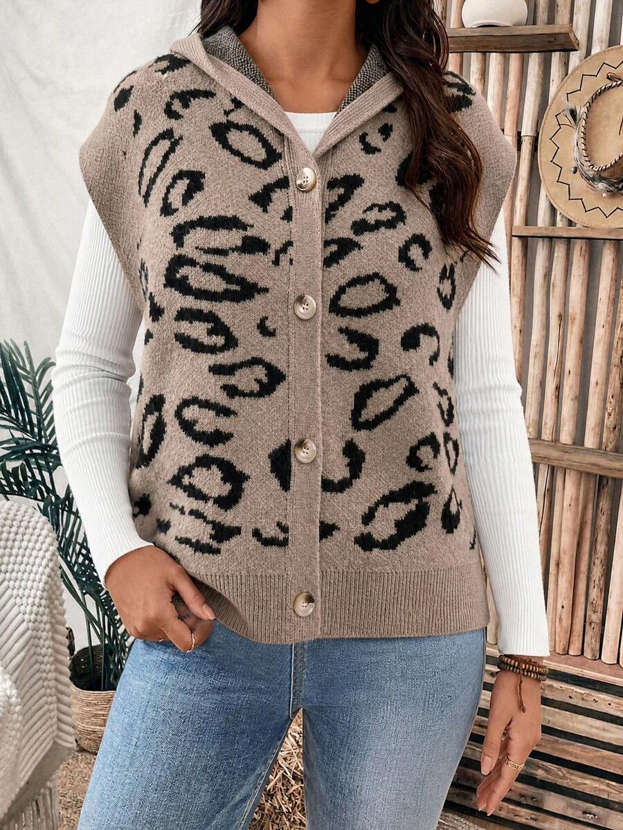 Plus Size Women's Winter New Leopard Print Knitted Vest Sleeveless Sweater With Hat - Multicolor - View 1