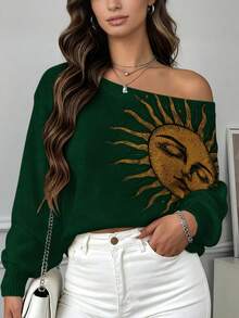 ASHKATIA Women's Plus-Size Knitted Top With Emerald Sun Pattern Print, Off-Shoulder, Autumn And Winter Lantern Sleeve Top - Multicolor - View 12