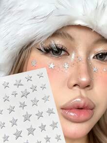 1pc Winter Hot New Silver Star Face Stickers, Suitable For Face Makeup Decoration And Beautification, Create Atmospheric Makeup Look, Face Stickers DIY Professional Supplies With Self-Adhesive Backing - Silver - View 1
