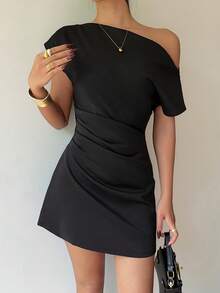 Unadoll Women's Autumn Black One-Shoulder Short Sleeve Ruched Mini Dress, Fitted Flare Skirt Elegant Summer - Black - View 10
