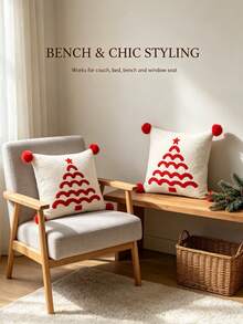 1pc Christmas Tree Embroidered Pillow Cover With Red Pom Poms, Soft Teddy Fabric Decorative Throw Pillow Case For Sofa Couch Home Xmas Decor, Cushion Cover Without Insert - Multicolor - View 11