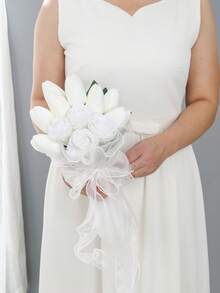 White Pearl Tulip Bridal Bouquet(8.66inch)With Pearl Decoration, Lace Bow Artificial Flower For Wedding Party Prom Gift - Multicolor - View 11