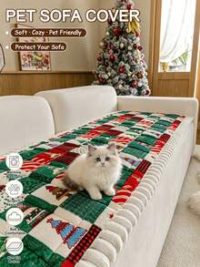 1pc Christmas Colorblock Chenille Sofa Cover, Non-Slip Back, Pet-Friendly Scratch-Resistant, Machine Washable Sofa Protector, Suitable For 1/2/3/4 Seater Sofa, Soft Decorative Living Room Holiday Home Sofa Cover - Multicolor - View 3