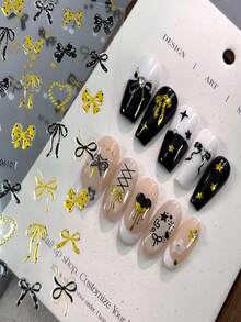 6Pcs Mixed Black Gold Multiple Styles Of Bows Nail Stickers Set,Kawaii 3D Ribbon/Polka Dot/Lace Bow, Ballet Knot, Flower, Pentagram Design Nail Decals,For DIY Sweet Cool Y2K Manicure Decorations - Multicolor - View 7