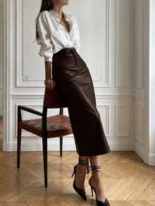 Elegant Commuter Daily Business Old Money Style Leather High Cinched Waist Bodycon Faux Leather Midi Skirt Brown - Brown - View 5