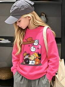 1pc Girls' Cute Cat Print Crew Neck Sweatshirt, Soft & Comfortable, Suitable For Casual Wear In Spring And Autumn - Hot Pink - View 6