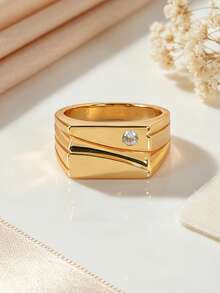 18K Gold Plated Wide Band Ring, Minimalist Geometric Rectangular Signet Ring With Single Cubic Zirconia,  Statement Finger Gold Ring For Men & Women - Gold - View 8