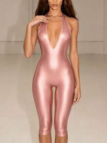 Ärmlös unitard-jumpsuit för kvinnor med halterneck, rygglös, lång, i polyester med medelstretch - Rosa - Visa 4