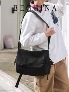 Crossbody Bag, Flap Design With Buckle And Webbing Decoration, Adjustable Shoulder Strap, Thick And Durable Fabric. Spacious Interior For Books, Tablets And Other Personal Items, One Shoulder Crossbody Carrying, Casual And Relaxed Style, Suitable For Daily Outings. - Black - View 1