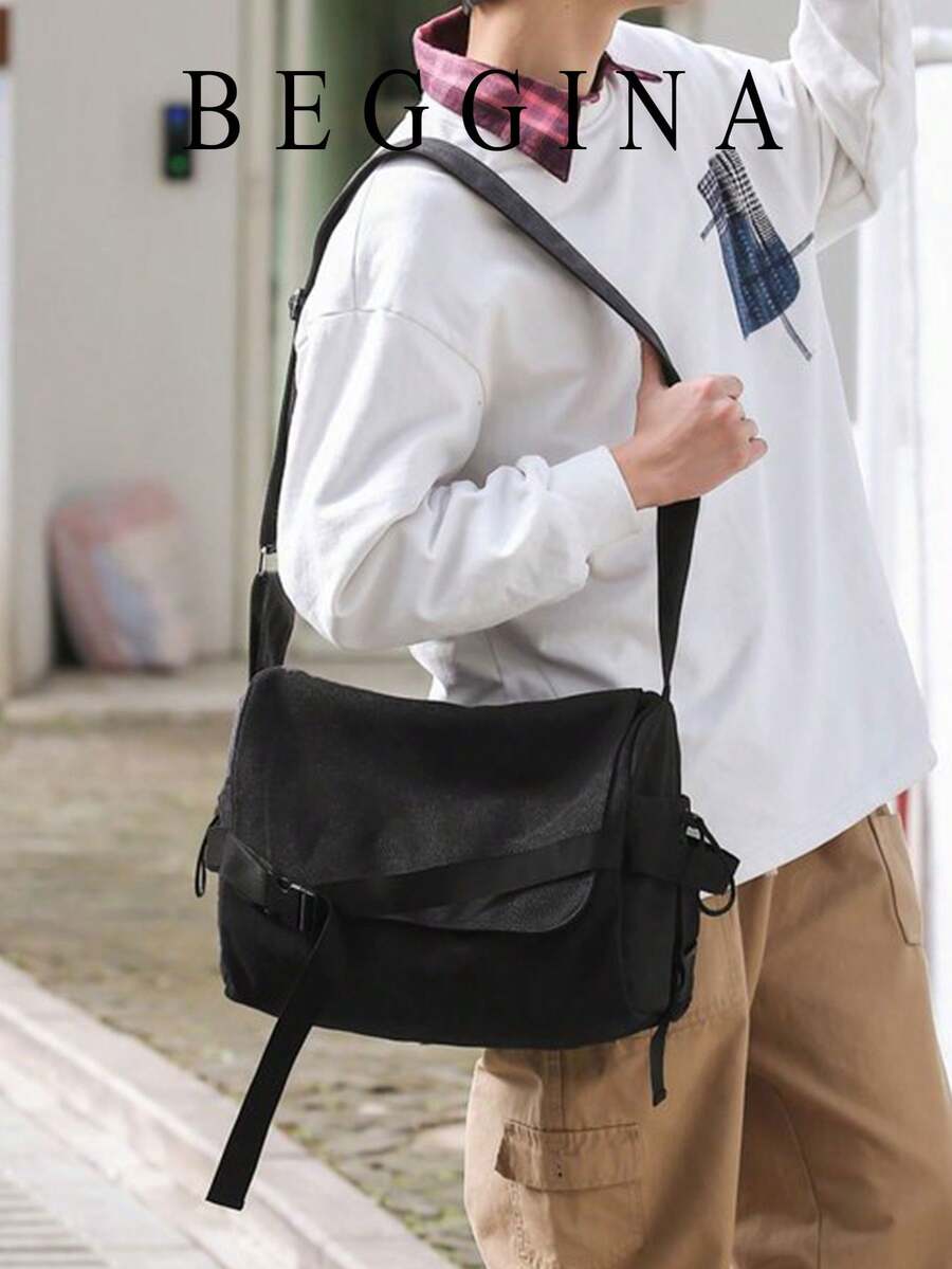 Crossbody Bag, Flap Design With Buckle And Webbing Decoration, Adjustable Shoulder Strap, Thick And Durable Fabric. Spacious Interior For Books, Tablets And Other Personal Items, One Shoulder Crossbody Carrying, Casual And Relaxed Style, Suitable For Daily Outings. - Black - View 1