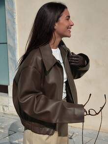 Casual Fashion Solid Color Zipper Pocket Women Jacket Coat, Solid Color Zipper Long Sleeve Retro Casual PU Jacket Fall - Rust Brown - View 2
