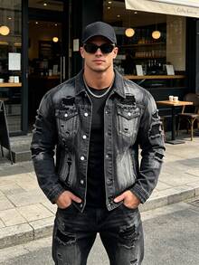 Men's Non-Stretch Black Distressed Denim Jacket, Heavyweight Ripped Washed Lapel With Flap Pockets, Vintage Street Style Outerwear - Black - View 3