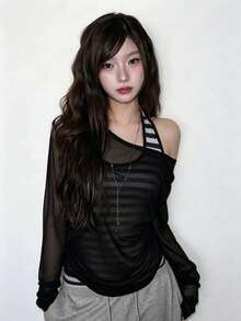 2pcs/Set Women's Layerable Slim-Fit Flattering Spaghetti Strap Striped Camisole Top Set - Black - View 2