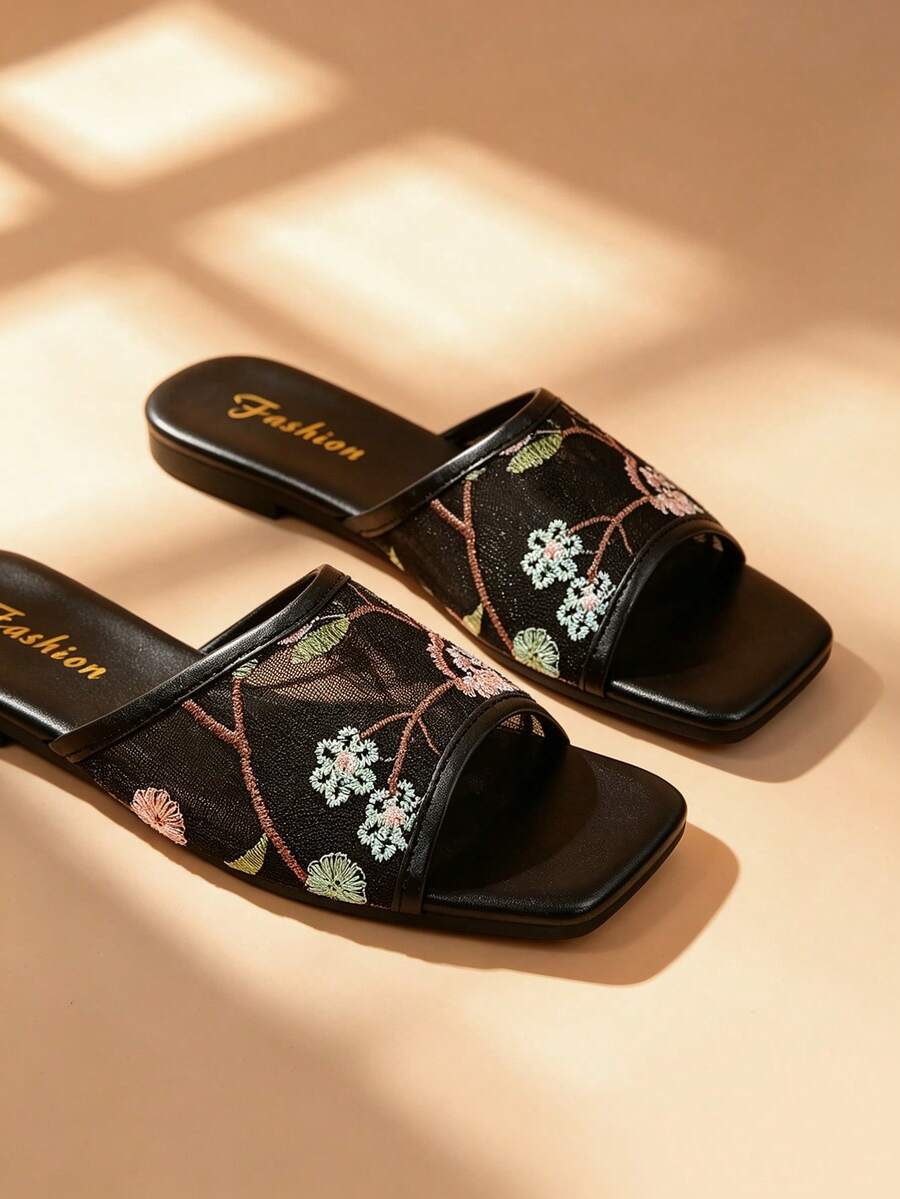 French Embroidery Lace Ruffle Square Toe One-Strap Flat Slide Sandals For Women, Fairy Style - Black - View 1