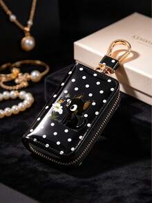 Cute Polka‑Dot Black Cat Print Car Key Case,Glossy PU Leather Zipper Key Holder Pouch With Hook,Portable Mini Key Wallet,Organizer Bag, Gift For Girls - Multicolor - View 12