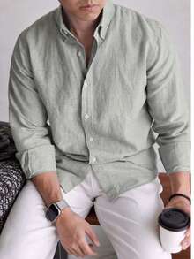 Men's Casual Versatile Solid Color Comfortable Long Sleeve Shirt, Suitable For Daily Wear, Holiday Gift, Bamboo Fiber Solid Color Commute, Skin-Friendly Breathable Casual Style - Mint Green - View 3