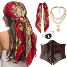 Pirate Costume Accessories Set, Satin Bandana Headscarf, Waist Cincher Corset Belt, Layered Coin Necklace, Eye Patch, Halloween Party Cosplay Outfit - Multicolor - View 2