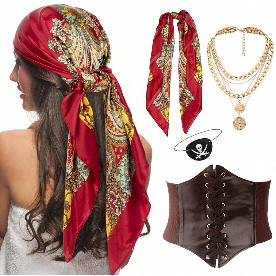 Pirate Costume Accessories Set, Satin Bandana Headscarf, Waist Cincher Corset Belt, Layered Coin Necklace, Eye Patch, Halloween Party Cosplay Outfit