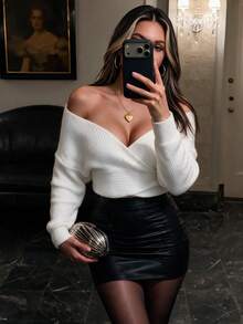 Vexica Women's Sexy White Fuzzy Wrap Sweater, Off Shoulder V-Neck Oversized Ribbed Knit Top For Night Out, Date, Santai & Sehari-hari. - Putih - View 2