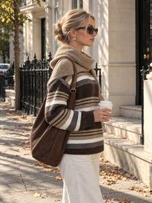 Women's Striped Knit Sweater With Drop Shoulder, Cozy Fall Winter Round Neck Pullover Top With Medium Stretch Fabric For Everyday Comfort - Multicolor - View 5