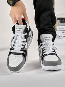 Men's Vintage Versatile Black & Grey Colorblock Leather Patchwork High-Top Sneakers, Thick Sole Street Style Front Lace-Up Design Daily Wear Sports Shoes - White and Black - View 8