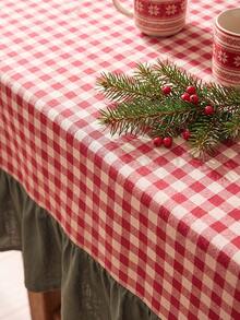 1pc Red And White Plaid Patchwork Green Hem Tablecloth, Country Pastoral Style Fabric Material, Rectangular Red And White Plaid Tabletop With Green Ruffle Edge Hem Patchwork Decoration, Beautify And Protect Tabletop Function, Holiday Dining Tablecloth Suitable For Christmas And Winter Holiday Home Decor Scenes - Green - View 2