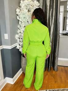 SRoinpar European And American Fashion Women's Woven Color-Block Striped Top And Wide-Leg Elastic Waist Button Sports Pants 2 Pieces Set - Fluorescent Green - View 3