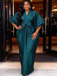 Modest Peacock Blue Maxi Bubu Dress With Pleated Waist V Neck Puff Sleeves Kimono Dress For Formal Event Church Celebration Fall - Blue - View 2